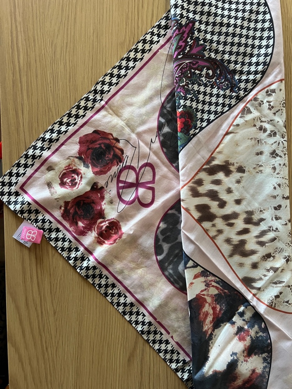 Basler Women Silk Floral & Lace Print Scarf with Pink Monogram